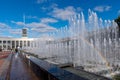 Woman near fountain on The Lenin Square. St Petersburg. Russia-August Royalty Free Stock Photo