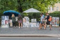 Saint Petersburg, Russia: street portraitists` shops with the artwork along the pavement of Nevsky Prospect