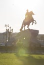 Vertical contrast close up silhouette of Bronze Horseman sculpture of Peter the Great on sunny day
