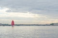 Saint Petersburg,Russia-06.02.2021 :white night,Neva river,Troitsky bridge,romantic sailing ship with scarlet sails. Royalty Free Stock Photo