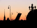 Saint-Petersburg, Russia. White Nights, silhouette Peter and Paul Fortress and divorced bridges. Royalty Free Stock Photo