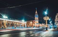 Saint Petersburg streets with Christmas illumination on Nevsky Prospect at night Royalty Free Stock Photo