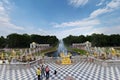 Saint Petersburg Summer 2018. Panorama of the main fountains of Peterhof. exit to the bay. sunny day, blue sky with clouds.
