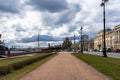 Saint Petersburg, Vasilievsky Island / Russia - 04.23.2021: Monument to Kruzenshtern. In the distance the Assumption Church. Ships