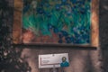 Saint-Remy-de-Provence, France, September 24, 2018: The plate under the reproduction of Van Gogh painting Iris