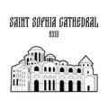 Saint Sophia cathedral in Kyiv, Ukraine. Famous historical landmark, reconstruction. Flat black and white outline image, isolated.