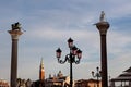 Saint Theodore, Venetian Lion and lattern, San Marco, Venice, Italy Royalty Free Stock Photo