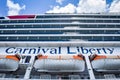 Saint Thomas, US Virgin Islands - April 01 2014: Signage and lifeboats on the Carnival Liberty Cruise Ship