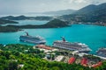 Saint Thomas / US Virgin Islands - October 31.2007: Aerial view of the Charlotte Amalie port with cruise ships docked. Royalty Free Stock Photo