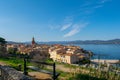 Saint Tropez view from above with bench on the side of the hill