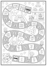 Saint Valentine black and white board game with funny cat boy going to cat girl. Love holiday line boardgame with house, flowers, Royalty Free Stock Photo