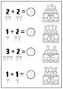 Saint Valentine black and white counting, matching game with kawaii cake with heart on stick. Love holiday line math activity for