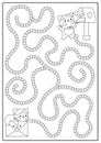 Saint Valentine black and white maze for kids. Love holiday line printable activity with kawaii cat, love letter. Labyrinth game,