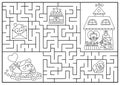 Saint Valentine black and white maze for kids. Love holiday line printable activity with kawaii characters, cake, letter.