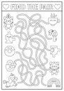 Saint Valentine black and white maze for kids. Love holiday line printable activity with kawaii pairs. Labyrinth game, puzzle,