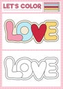 Saint Valentine coloring page for children with cute kawaii love word lettering. Vector holiday outline illustration. Color book