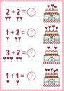 Saint Valentine counting and matching game with kawaii cake with hearts on sticks. Love holiday math activity for preschool kids. Royalty Free Stock Photo