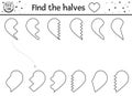 Saint Valentine day black and white matching activity for children. Fun outline puzzle with hearts. Holiday celebration