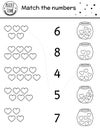 Saint Valentine day black and white matching game with hearts in jar. Holiday math activity for preschool children. Outline love