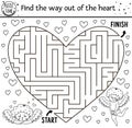 Saint Valentine day black and white maze for children in heart shape. Holiday preschool printable educational activity. Funny game