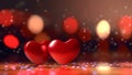Saint Valentine day greeting card background with two red hearts against festive bokeh, neural network generated Royalty Free Stock Photo