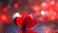 Saint Valentine day greeting card background with two red hearts against festive bokeh, neural network generated Royalty Free Stock Photo