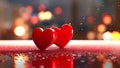 Saint Valentine day greeting card background with two red hearts against festive bokeh, neural network generated photorealistic Royalty Free Stock Photo