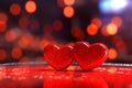 Saint Valentine day greeting card background with two red hearts against festive bokeh, neural network generated photorealistic Royalty Free Stock Photo