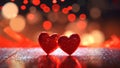 Saint Valentine day greeting card background with two red hearts against festive bokeh, neural network generated photorealistic Royalty Free Stock Photo