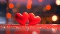 Saint Valentine day greeting card background with two red hearts against festive bokeh, neural network generated Royalty Free Stock Photo