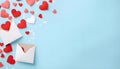 Saint Valentine day holiday background with envelope, paper card and various red hearts for love romantic message on blue pastel