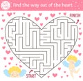 Saint Valentine day maze for children in heart shape. Holiday preschool printable educational activity. Funny game with cute