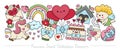 Saint Valentine horizontal banner with cute kawaii characters for kids. Vector cupid with unicorn, rainbow, hearts. Illustration