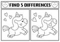 Saint Valentine kawaii black and white find differences game. Attention skills activity with cute unicorn with heart. Love holiday