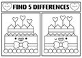 Saint Valentine kawaii black and white find differences game. Attention skills line activity with cute cake with heart shaped