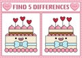 Saint Valentine kawaii find differences game for children. Attention skills activity with cute cake with heart shaped candles.