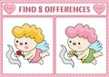 Saint Valentine kawaii find differences game for children. Attention skills activity with cute cupid with bow and arrows. Love Royalty Free Stock Photo