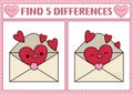 Saint Valentine kawaii find differences game for children. Attention skills activity with cute opened envelope with heart. Love