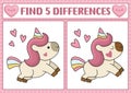 Saint Valentine kawaii find differences game for children. Attention skills activity with cute unicorn with heart on his cheek.