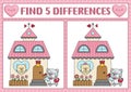 Saint Valentine kawaii find differences game for children. Attention skills activity with scene with cute cat couple, house,