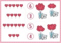 Saint Valentine matching game with cute kawaii cat flying on bunch of balloons shaped as hearts. Love holiday math activity for Royalty Free Stock Photo