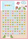 Saint Valentine maze, color recognition, seek and find game with hearts. Attention skills training puzzle. Kawaii printable