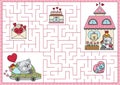 Saint Valentine maze for kids. Love holiday preschool printable activity with kawaii characters, cake, letter. Labyrinth game
