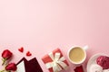 Top view photo of red giftbox envelopes plate with meringue cup of coffee small hearts and red roses