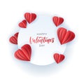 Saint Valentine`s day greeting card with red paper cut hearts on a white background. Round frame with hand lettering Royalty Free Stock Photo