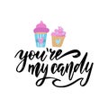 Saint Valentine`s day greeting card. You are mu candy. Typographic banner with text and two doodle cupcakes, candies