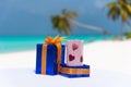 Saint Valentine\'s day holiday gifts packed on the table at the tropical beach