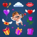 Saint Valentine`s day icons set - little angel or cupid, flying heart with wings, red rose flower, pink balloon, gift box, letter Royalty Free Stock Photo