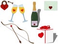 Saint Valentine`s day items: Cupid`s bow and arrow, love letter, gift, glass of champagne collection vector illustration