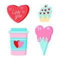 Saint Valentine s day vector set. Coffee, icecream, heart, puncake Royalty Free Stock Photo